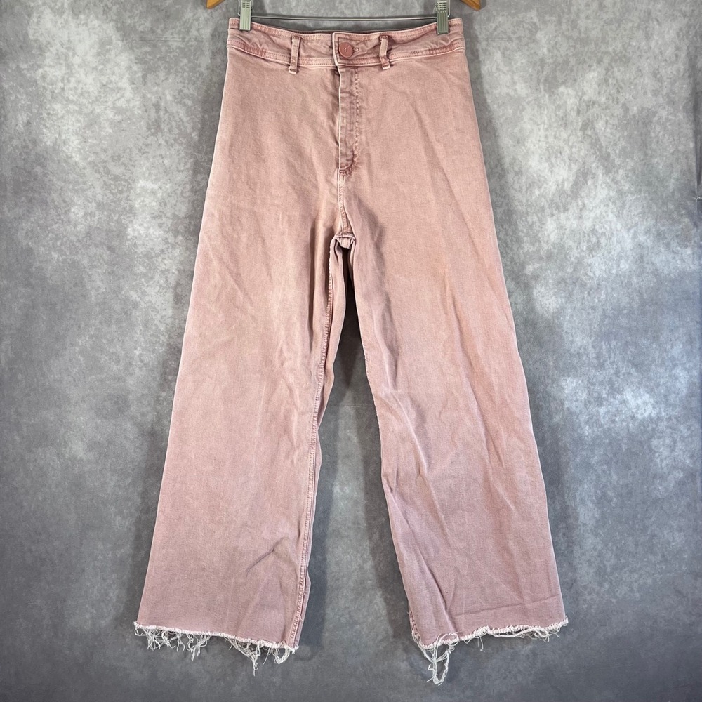 Zara Wide‎ Leg Marine Pants Womens 8 30 Pink High Rise Raw Hem Dusty Rose Denim
